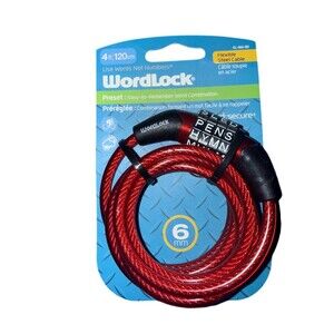 WordLock Cable Bike Lock Red 4ft 6mm Preset Word Combination Keyless